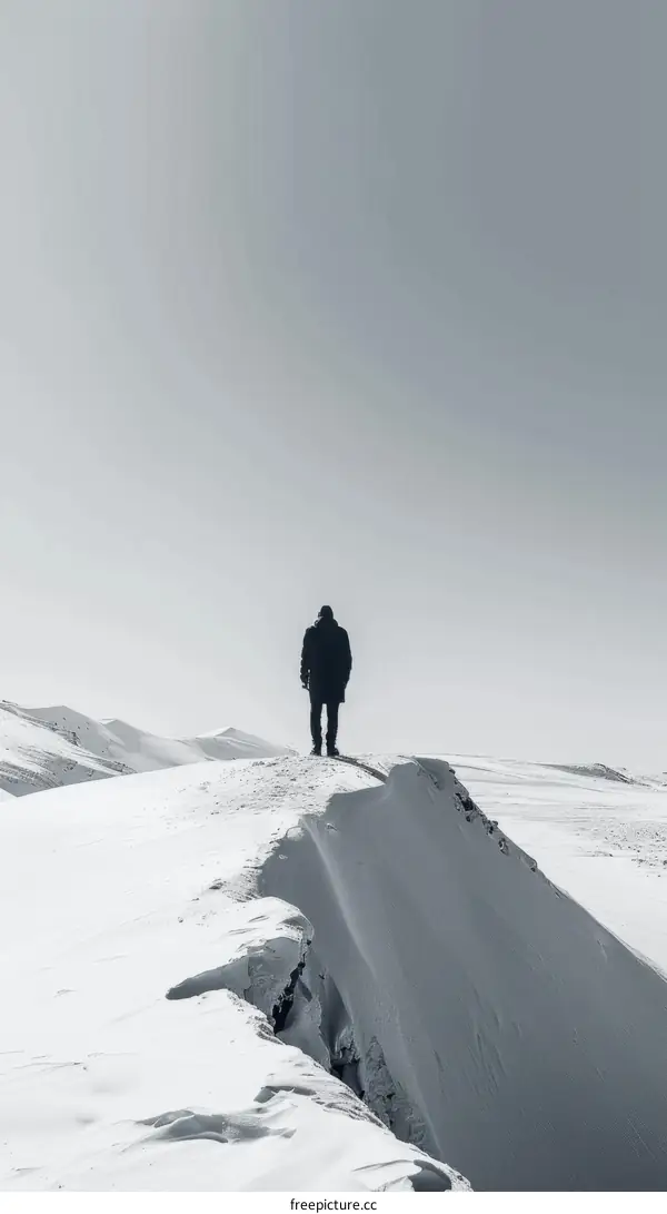 Man standing alone on a snow mountain top