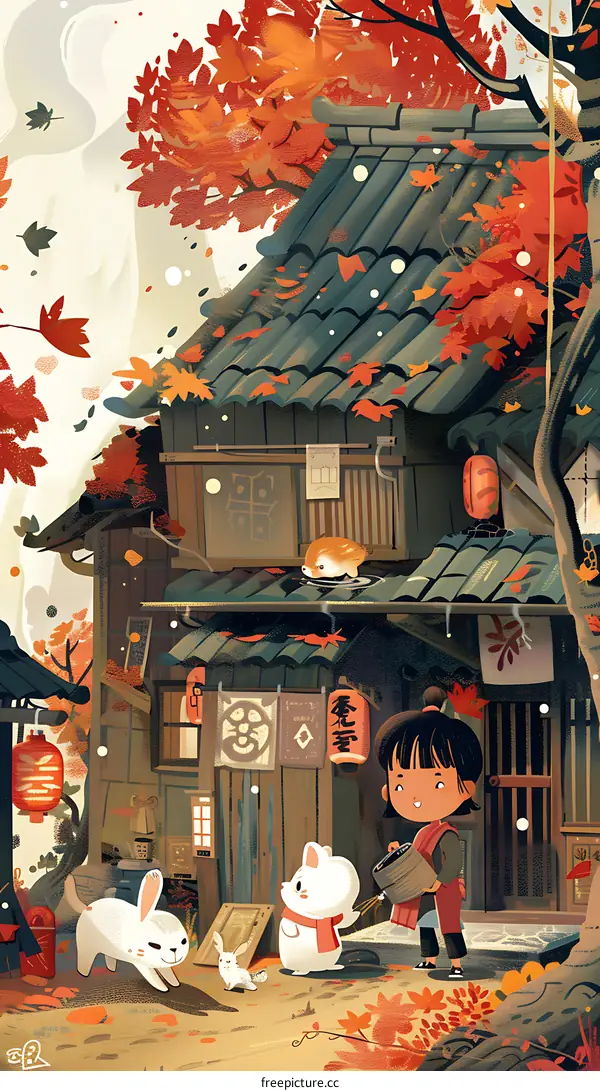 Autumn Scene with a Girl and Rabbits in Front of a Japanese House