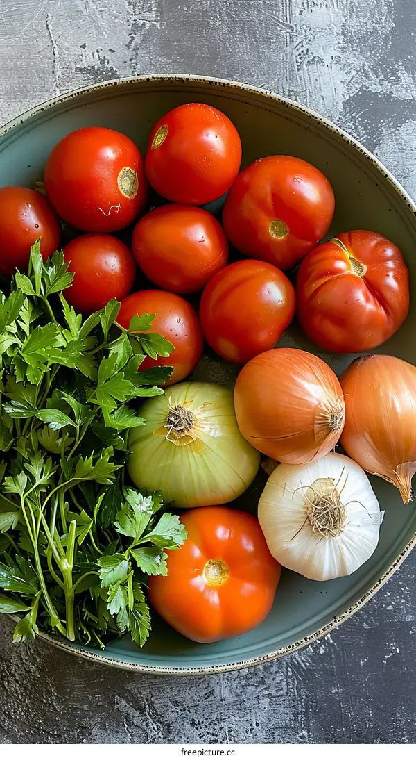 Fresh Organic Vegetables and Herbs on a Ceramic Dish