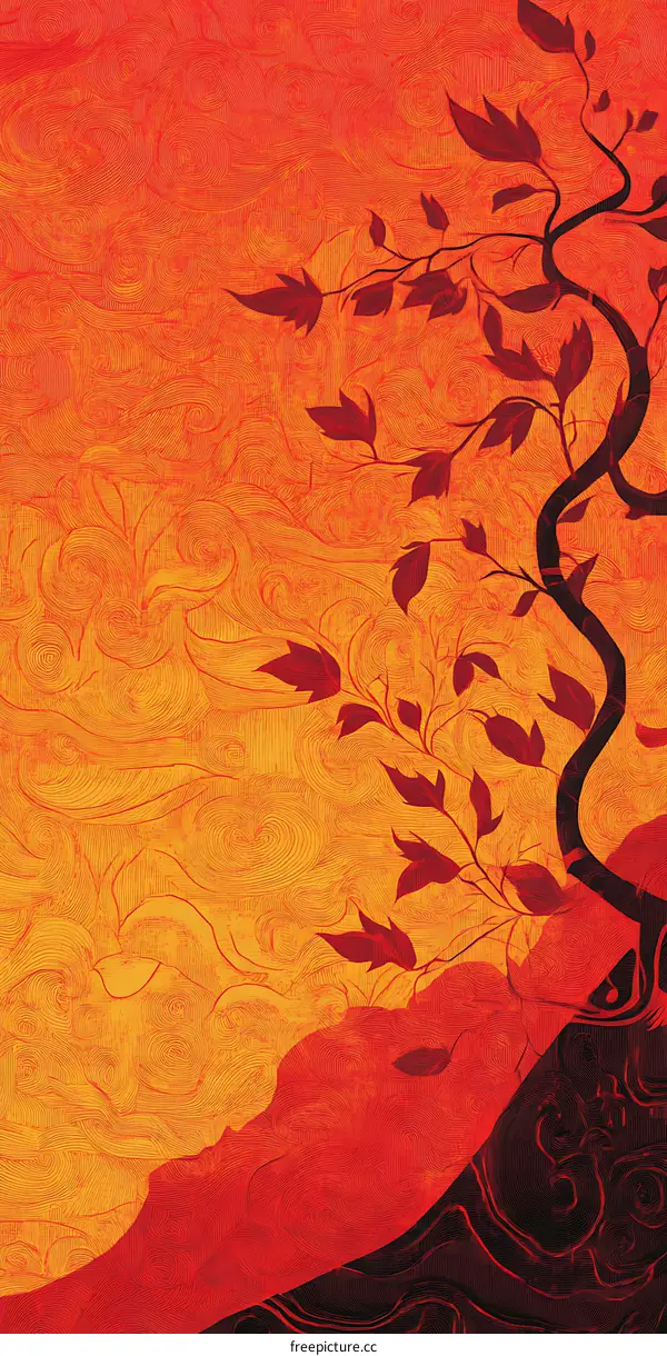 Silhouette of a Branch with Leaves on an Orange Background