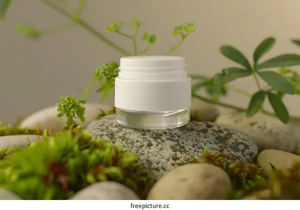 White Cream Jar On Rocks With Green Foliage