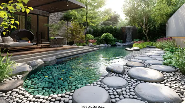 Japanese Zen garden with fish pond and waterfall
