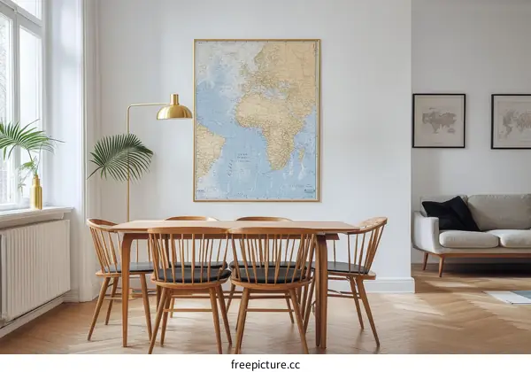 Dining Room with World Map and Modern Furniture