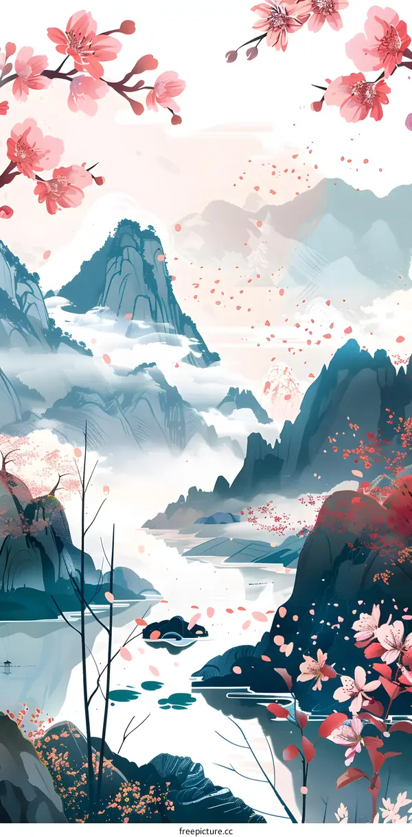 Watercolor Illustration of Mountains and Cherry Blossoms