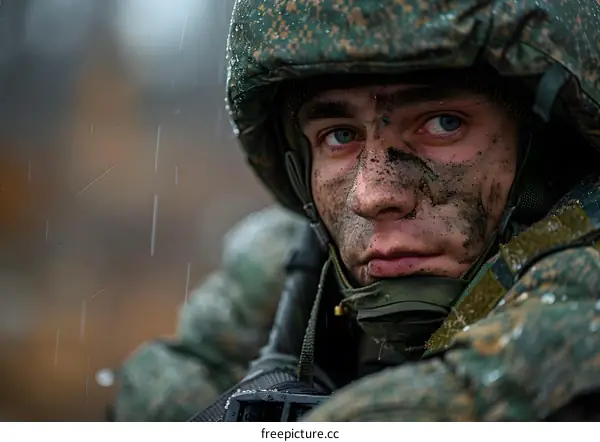 Portrait of a Russian soldier in the rain