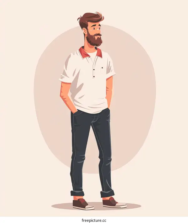 Bearded man standing with hands in pockets