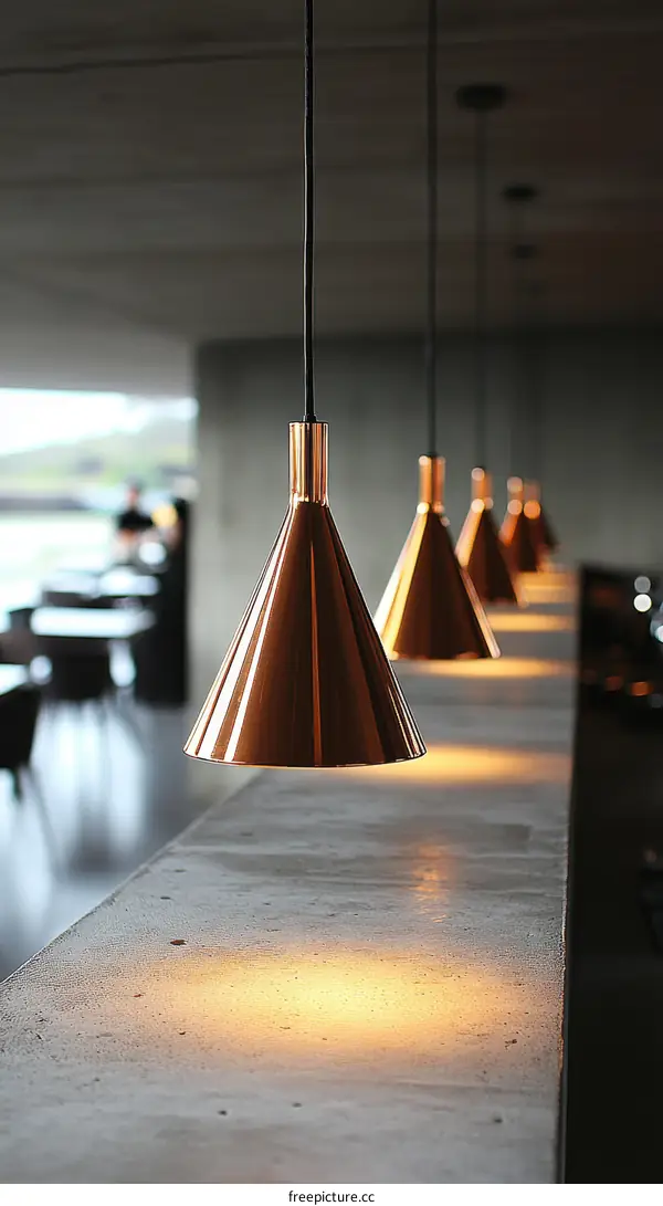 Copper Pendant Lights Over Concrete Countertop
