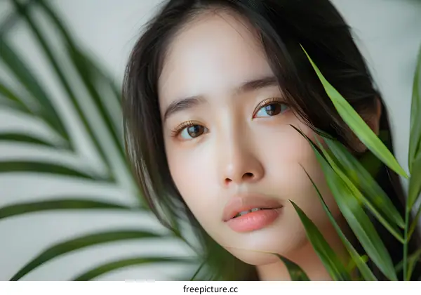 Close Up Portrait of Asian Woman With Green Leaves