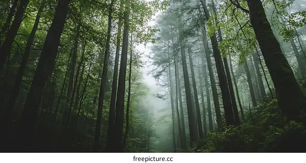 Tall Trees In A Foggy Forest