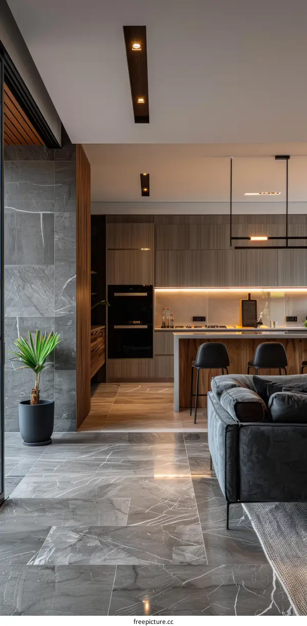 Modern minimalist marble floor living room and kitchen interior design