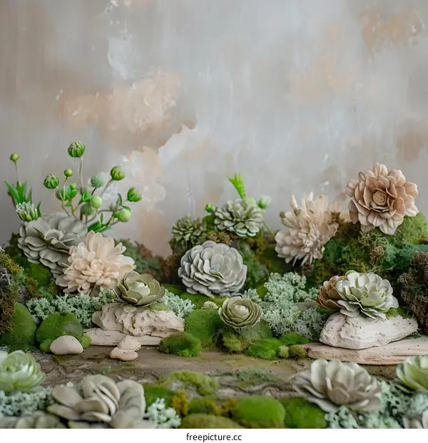 Green Succulents and Moss Arrangement on Natural Background