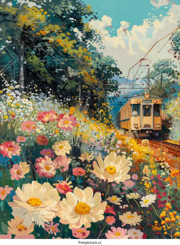 A train ride through a field of flowers