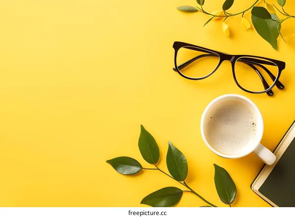 Yellow Background with Coffee Cup, Glasses, and Green Leaves