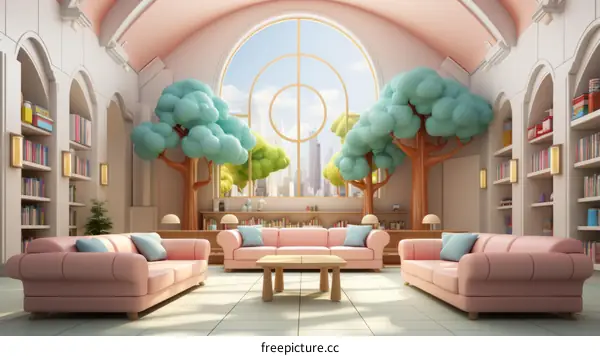 Pink living room with cartoon trees and bookshelves