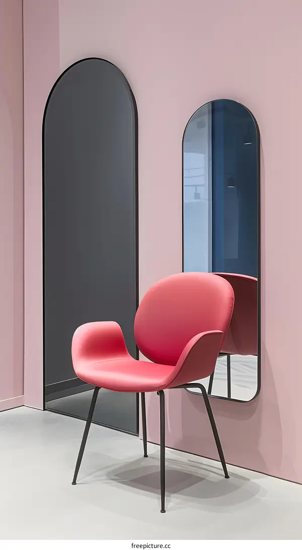 Pink Wall Interior Design with Chair and Two Arched Mirrors