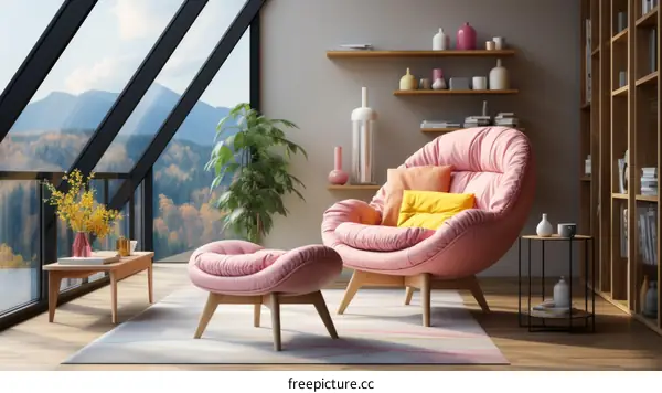 A pink velvet armchair and ottoman in a modern living room