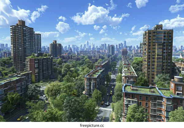 Urban Landscape with Green Roofs and Skyscrapers