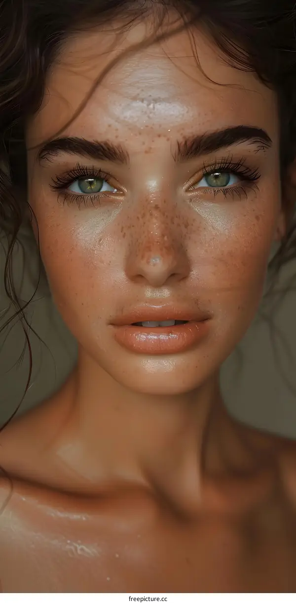 Close-up portrait of a beautiful young woman with freckles and green eyes