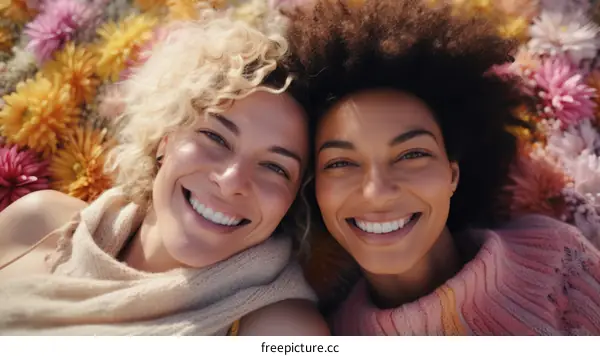 Two young women lying in a field of flowers