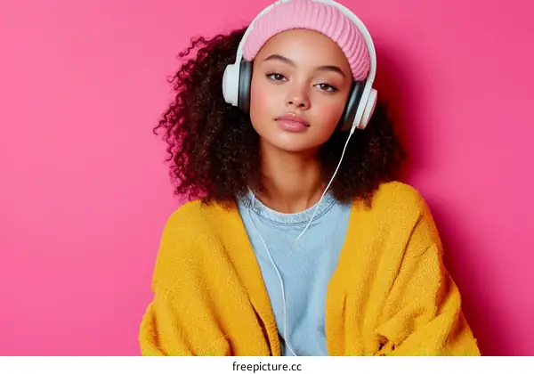 Young Black Woman Listening to Music with Headphones