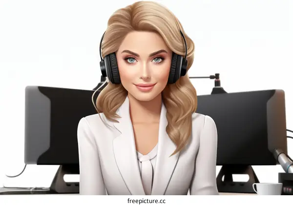 Blonde woman wearing headphones and white blazer sitting in front of computer monitors