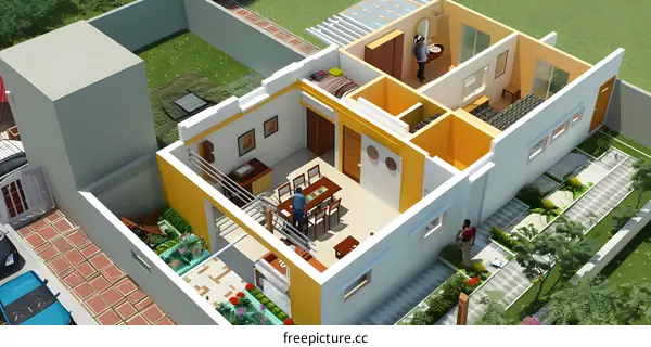 3D Rendered Floor Plan of a House with Garden