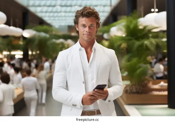 Curly-haired man in white suit holding a phone