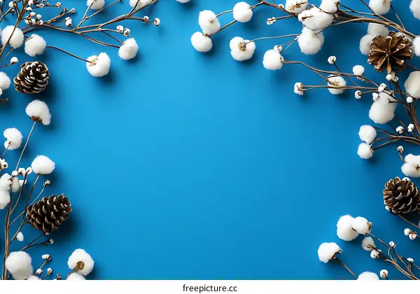 White Cotton Branches on Blue Background