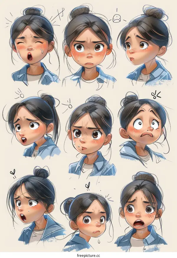 A collection of hand-drawn illustrations of a girl with different facial expressions