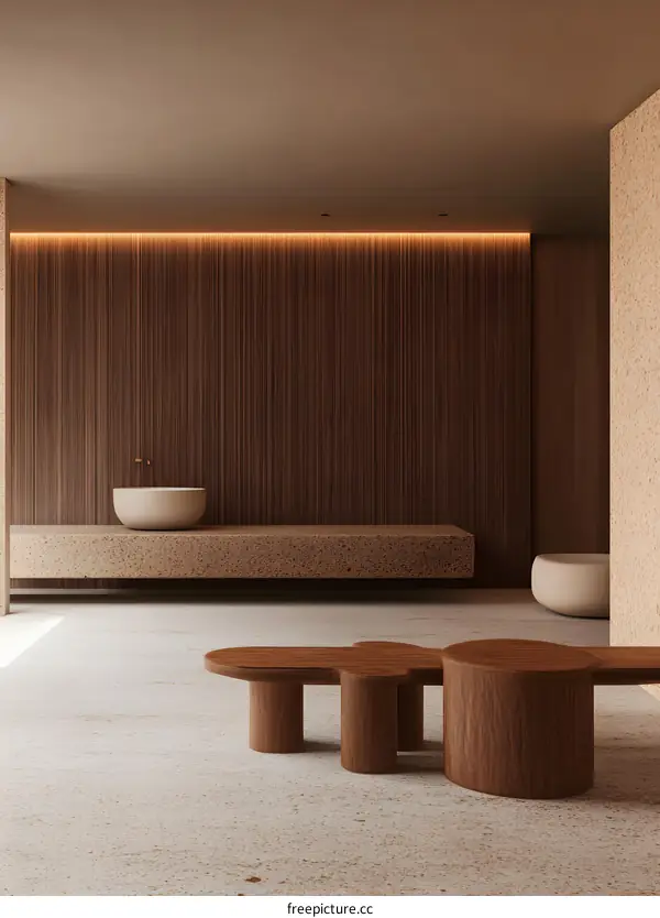 Modern Minimalist Bathroom Design With Wooden Wall and Table