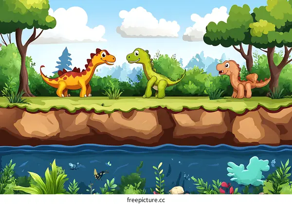 Cartoon Dinosaurs in a Forest by a River