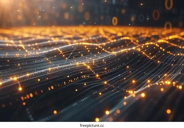 Digital landscape with glowing particles and flowing waves