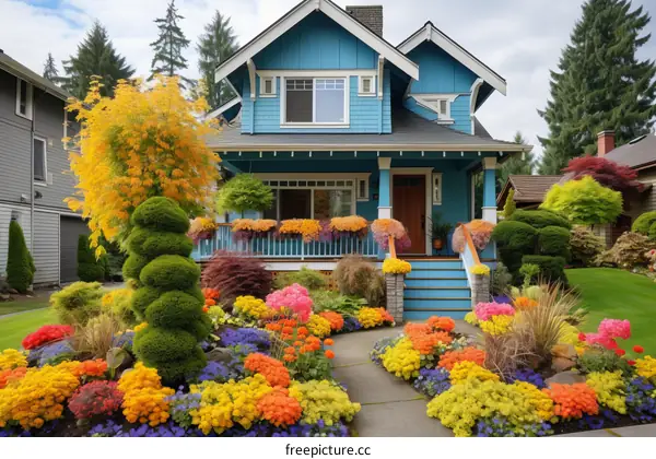 A colorful garden with a blue house