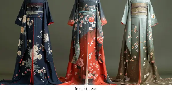Three Japanese Kimonos with Floral Designs