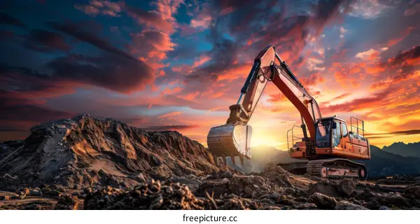 Excavator Working at Construction Site During Sunset