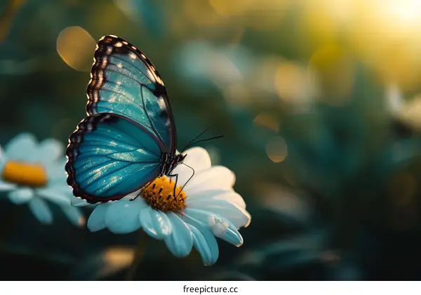 A blue morpho butterfly on a white daisy in the morning sun