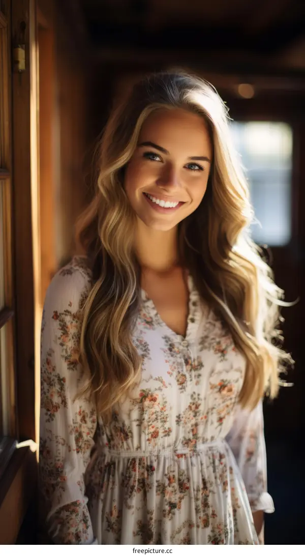 Portrait of a smiling young woman with long blond hair wearing a floral dress standing in a doorway