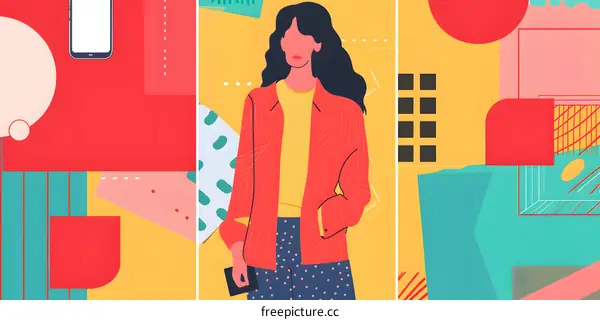 Abstract Geometric Pattern with Woman in Red Jacket and Black Pants