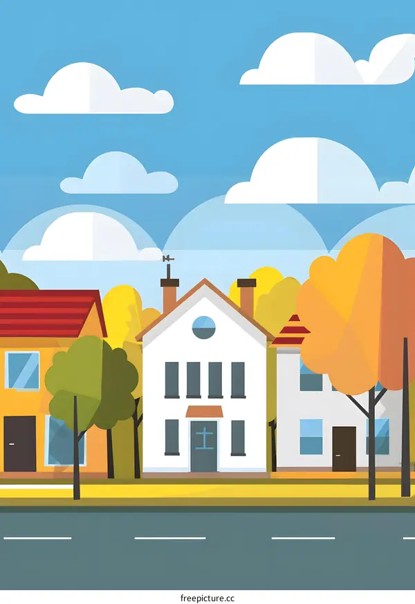 Flat Design Illustration Of A Suburban Street With Houses And Trees