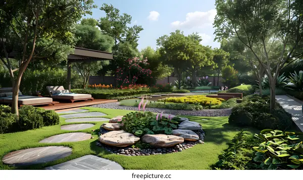 A beautiful garden with a pond, flowers, and a seating area