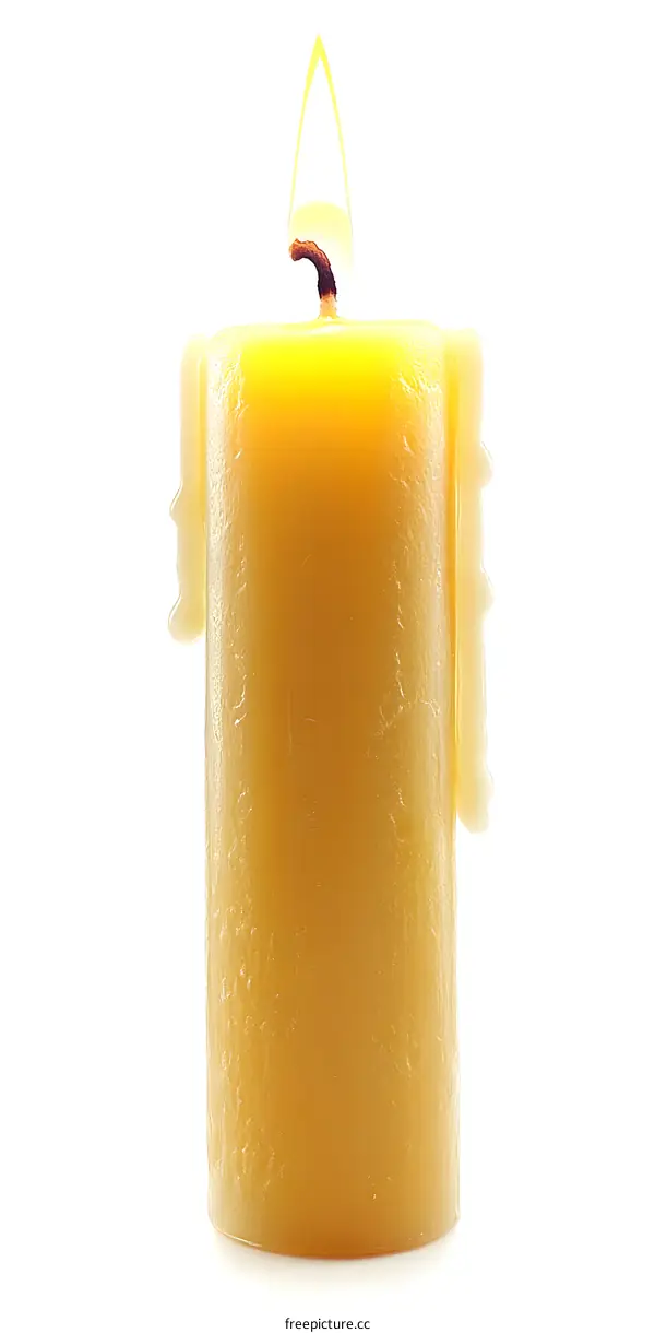 Yellow Candle With Flame On White Background