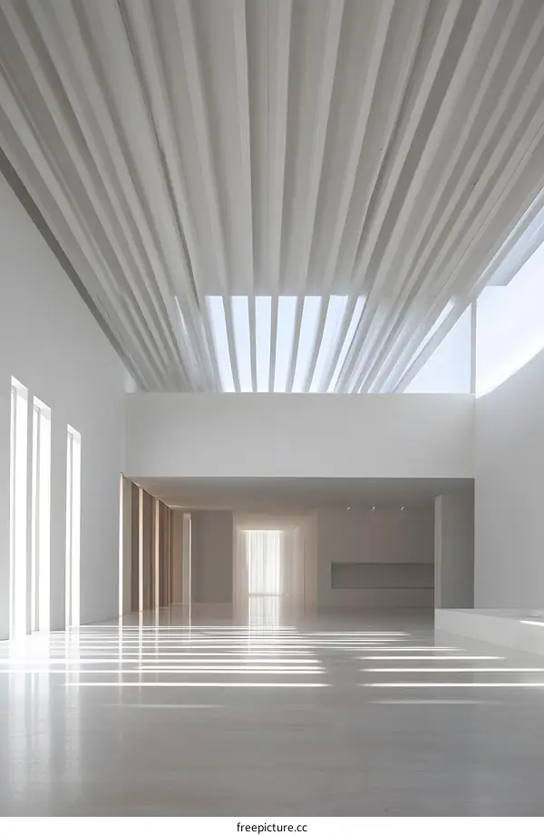 Minimalist Interior Design With White Walls and Sunlight Streaming Through Skylight