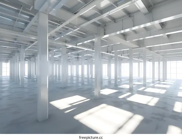 Empty Interior Space with White Columns and Windows