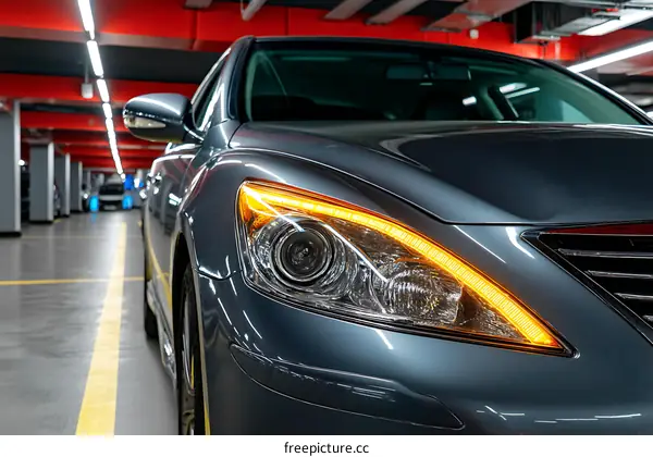 Closeup of a Modern Gray Car Headlights in a Parking Garage