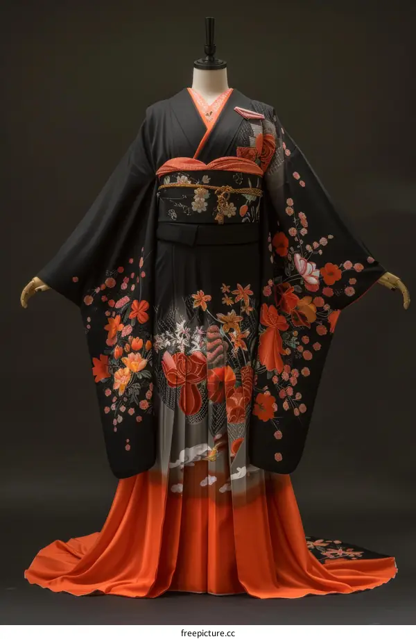 A woman wearing a black and red kimono with floral patterns.
