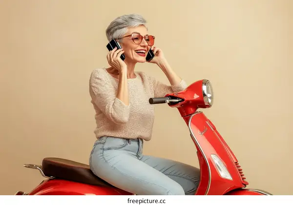 Stylish Senior Woman Riding a Vespa Scooter While Talking on the Phone