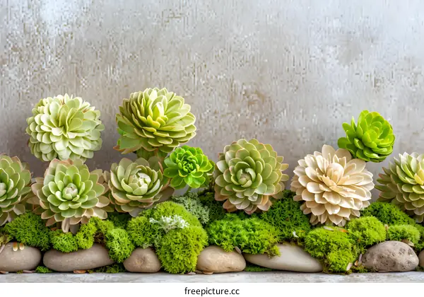 Succulents and Moss on Rocks and Grey Wall