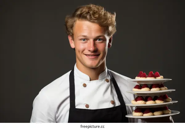 Portrait of a Smiling Chef Holding a Stack of Plates with Pastries