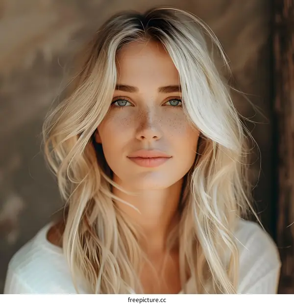 Portrait of a young woman with freckles and blue eyes