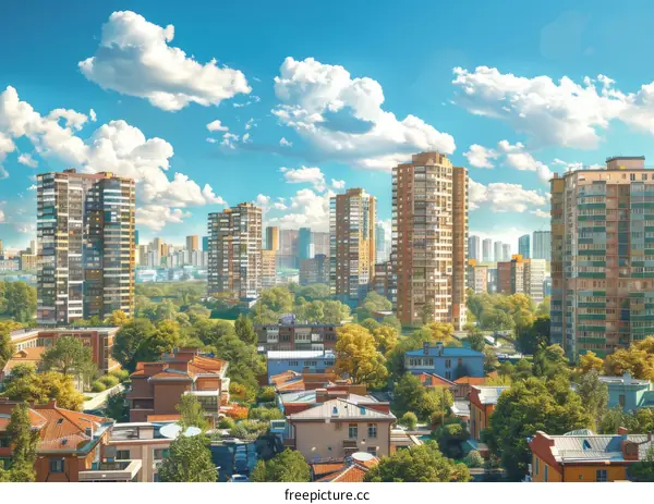 Cityscape with High-Rise Buildings and Lush Greenery